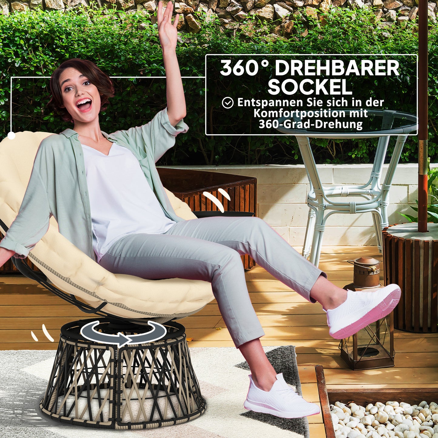 Rattan Fauteuil – Rotan Stoel – Papasan Stoel – Draaifauteuil – Tuinstoel – 360° Draaibaar – Dik Beige Kussen 90 cm Diameter