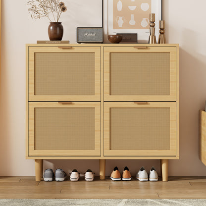 BTM Shoe Cabinet with 4 Folding Drawers, Rattan Shoe Dresser with Metal Handles, Shoe Rack for Hallway, Bedroom, Apartment, Wooden Furniture, Rustic Style, Dimensions: 100 x 25 x 90 cm