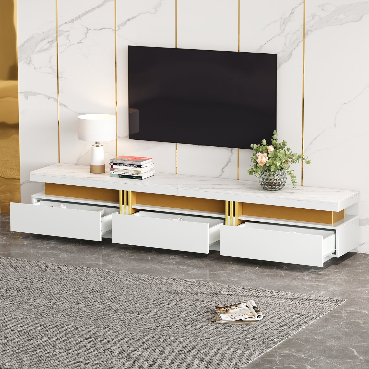 Modern TV-meubel – Tv-meubel – Lowboard – Tv-kast – Mediameubel – Marmerlook – 3 Laden – Kabeldoorvoer – Geschikt voor TV’s tot 90 inch – Wit-Goud