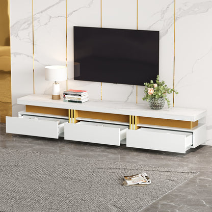 Modern TV-meubel – Tv-meubel – Lowboard – Tv-kast – Mediameubel – Marmerlook – 3 Laden – Kabeldoorvoer – Geschikt voor TV’s tot 90 inch – Wit-Goud