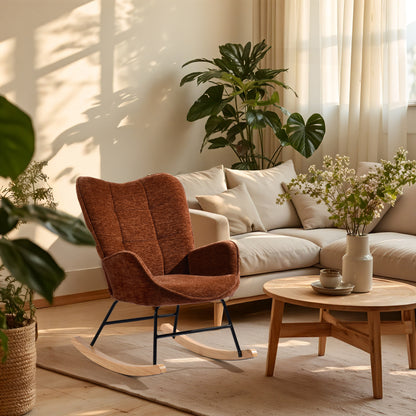 Schommelstoel – Schommelstoel Met Armleuningen – Rocking Chair – Swing Stoel – Relaxstoel – Rood – Scandinavisch Design – Metalen Frame – Houten Glidelementen – Comfortabele Bekleding – 63x75x87 cm