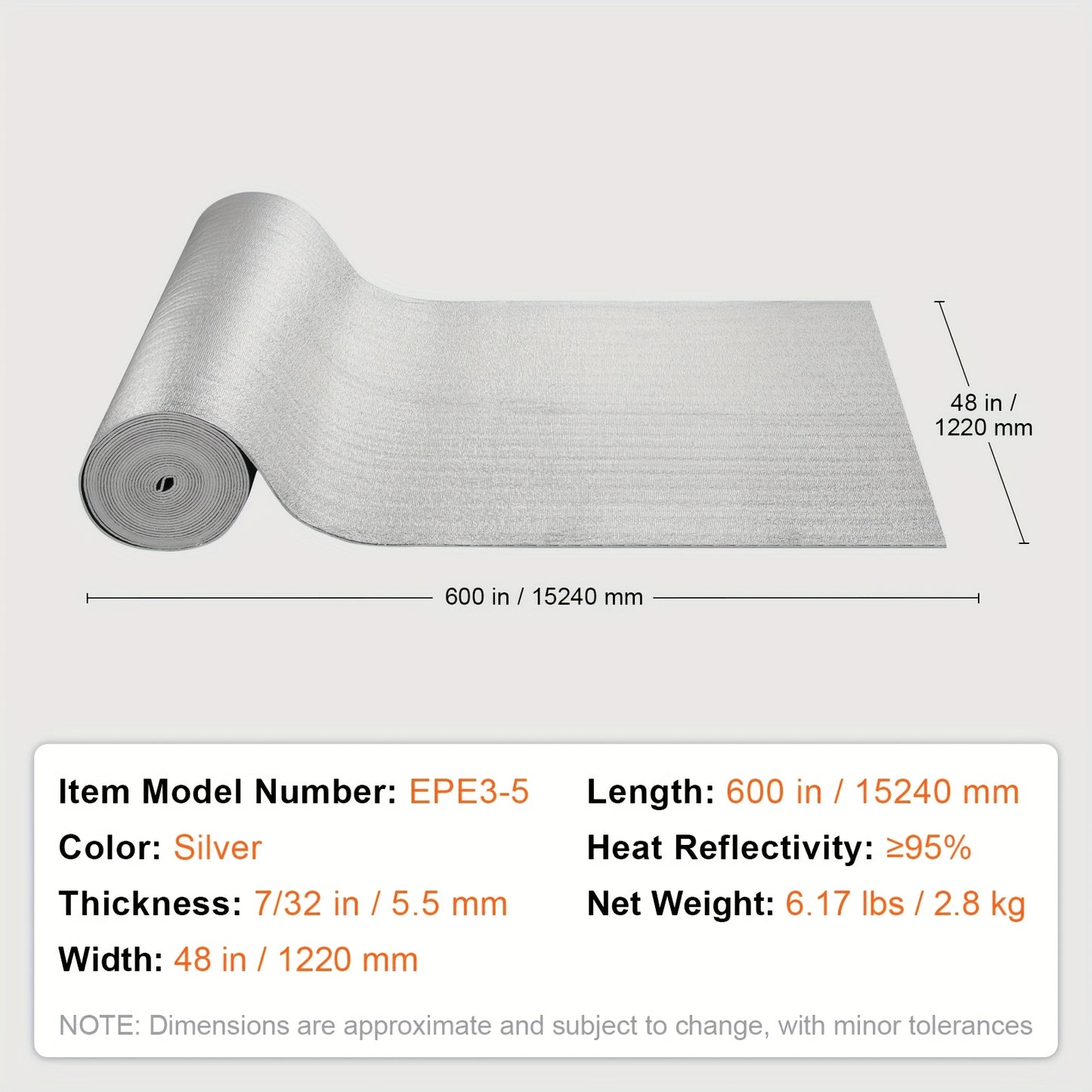 Isolatiemateriaal – Isolatiefolie – Radiatorfolie – Warmtewering – Reflecterende folie – Aluminium met PE-schuim kern – 600 inch x 48 inch – 7/32 inch dik – Geen elektriciteit nodig