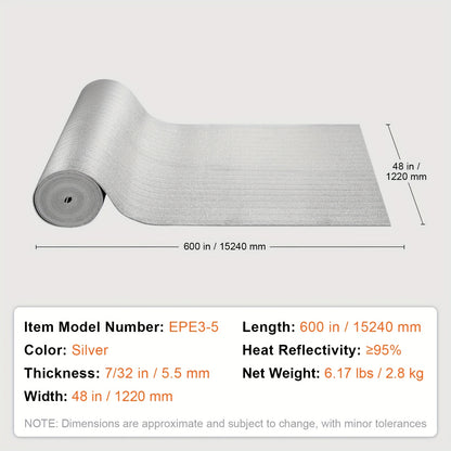 Isolatiemateriaal – Isolatiefolie – Radiatorfolie – Warmtewering – Reflecterende folie – Aluminium met PE-schuim kern – 600 inch x 48 inch – 7/32 inch dik – Geen elektriciteit nodig