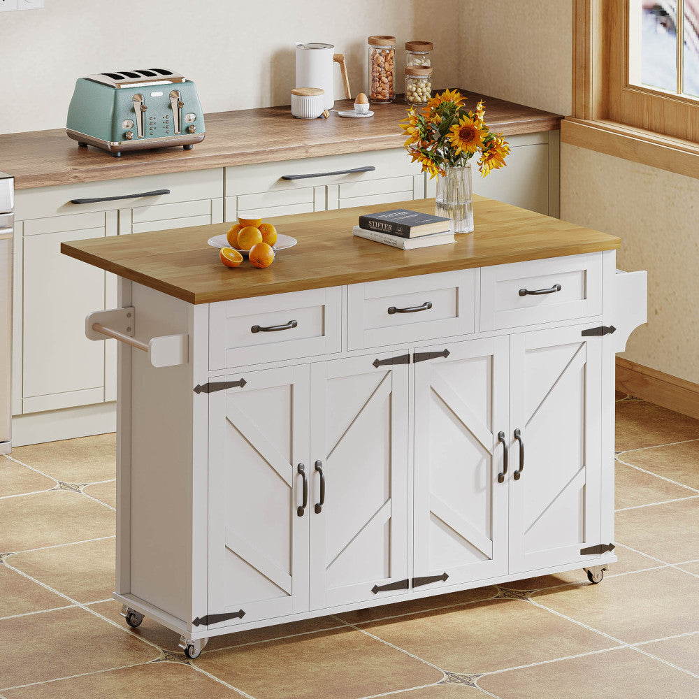 Side Cabinet | Kitchen Island Featuring a Collapsible Work Surface | Equipped with 5 Lockable Wheels | 4 Doors, 3 Drawers | Dual-Sided Towel Rack | Color: White | Measurements: 140X43(70)X90.5 Cm