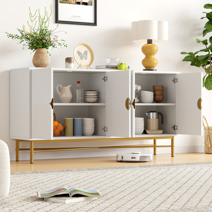 Sideboard with Raised Texture 160cm, Cabinet with Four Doors and Golden Brushed Handles & High-Gloss Table Legs, White, 160×40×82cm, Entryway Cabinet, Bedroom Sideboard, Elegant Handles, Sleek Cabinet, Stylish Hardware, Dur