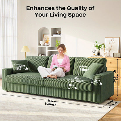 4-Zits Corduroy Sofa – Bank – Hoekbank – Zitslaapbank – Bankstel – Groen – 256 cm Breed – Duurzame Corduroy Stof – Inclusief 2 Decoratieve Kussens