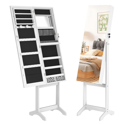 Sieradenkast – Sieradendoos – Juwelenkast – Sieradenrek – Staande Spiegelkast – Verstelbare Spiegel – Slot Met 2 Sleutels – Ruime Opbergruimte – MDF Wit Zwart – 152x39,5x36,5 cm – Ruimtebesparend Design