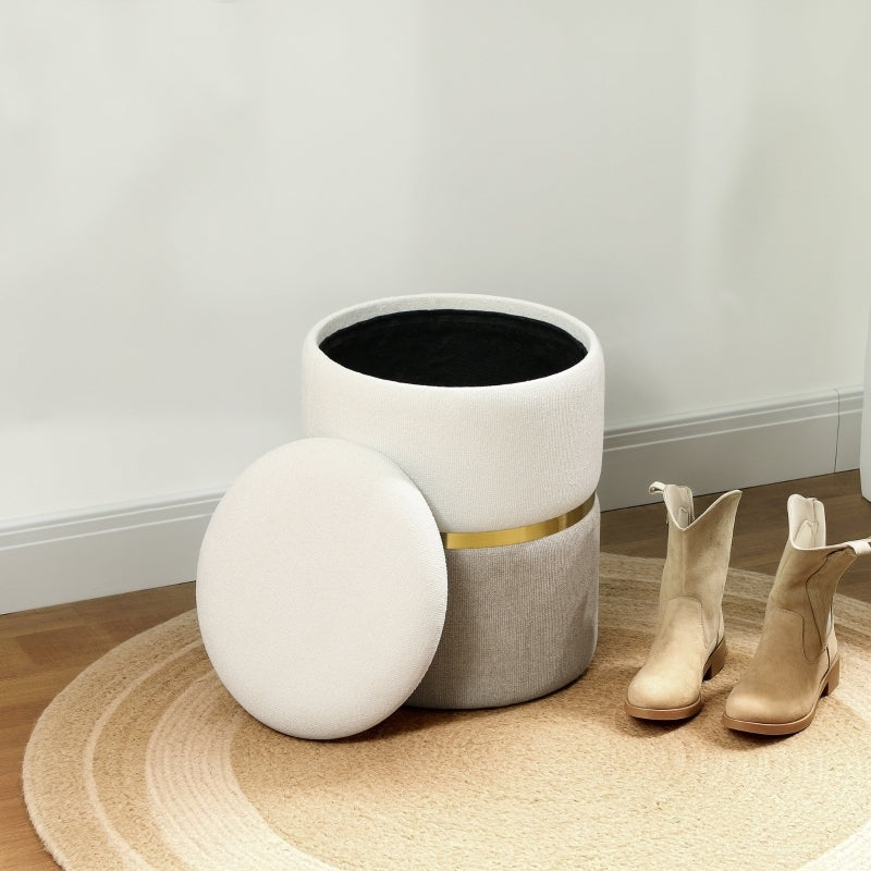 Poef – Opbergpoef – Zitzak – Voetenbankje – Hocker – Ronde Opbergpouf – Crème Wit Met Gouden Accenten – Zachte Chenille Zitting Met 30L Opbergruimte – Stevige MDF Constructie Met Metaalring 36x36x44 cm