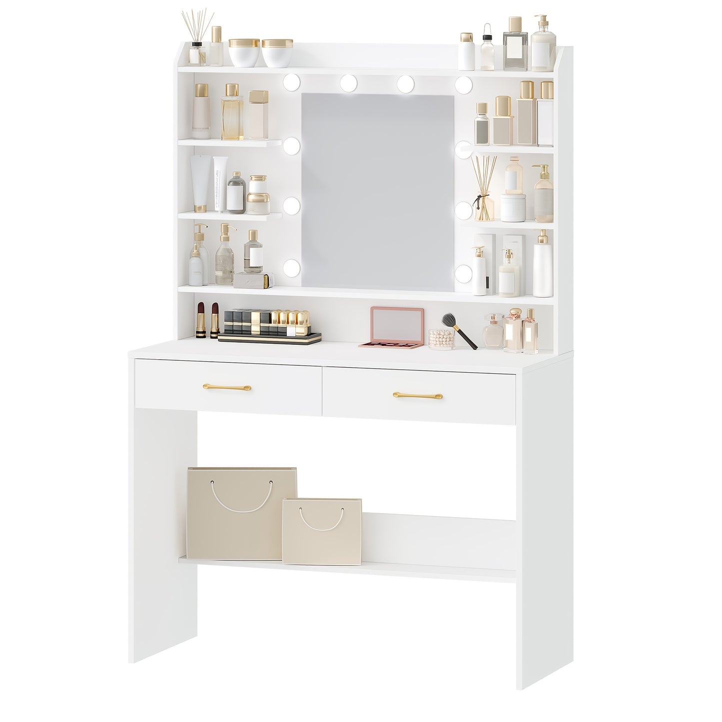 Kaptafel – Make-up Tafel – Cosmeticatafel – Sieradentafel – Opbergtafel – Verstelbare LED Spiegelverlichting – 2 Ruime Lades – Wit – Duurzaam Houtmateriaal