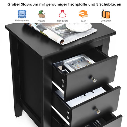 Nachtkastje – Bedside Table – Nachtkastjes – Opbergkastje – Bijzettafeltje – 2-Delige Set – 3 Lades – Mat Zwart – MDF & Multiplex – Compact 46x37x65 cm – Hoge Draagkracht 30 kg
