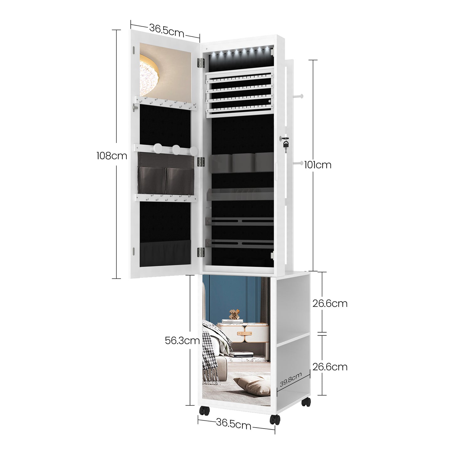 Sieradendoos – Juwelendoos – Sieradenkast – Sieradenhouder – Sieraden Organizer – 164,6 cm Hoog – Afsluitbare Spiegelkast Met 8 LED Lampjes