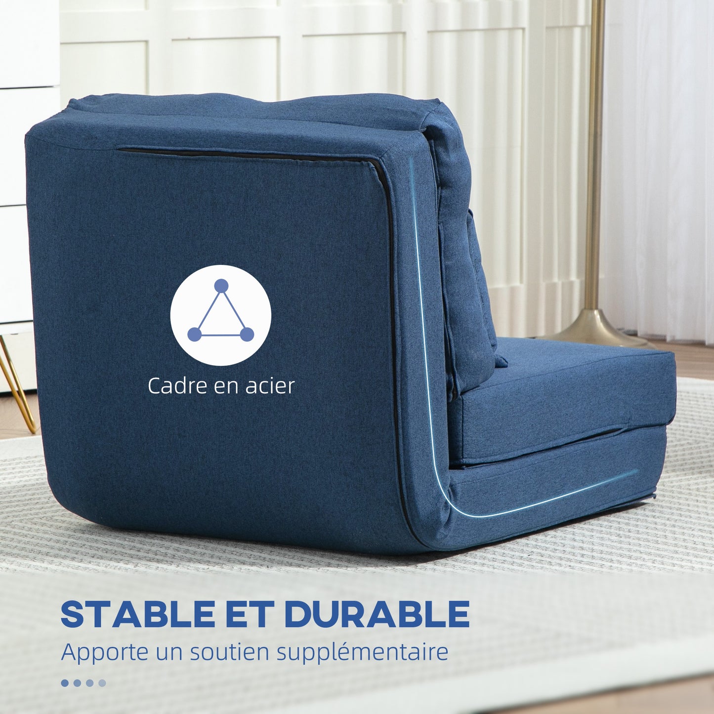 Lazy Chair – Vloerstoel – Relaxstoel – Slaapstoel – Zitbed – Verstelbare Rugleuning – Luxe Kussens – Donkerblauwe Linnenstof