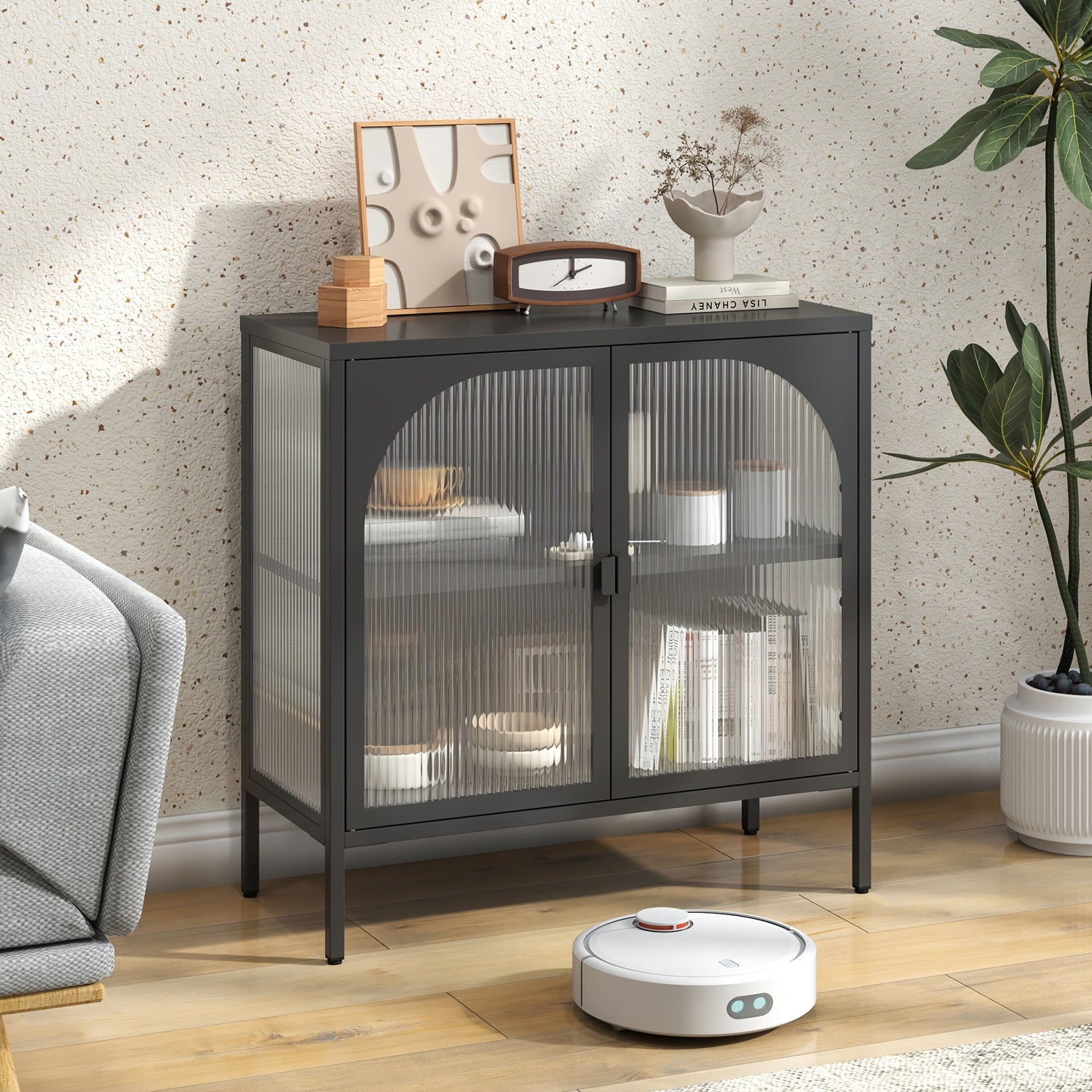 Living Room Bedroom Kitchen Metal Sideboard, Accent Storage Cabinet with 2 Glass Doors and Adjustable Shelves for Coffee Bar or Hallway Decor - H80cm×W80cm×D35cm