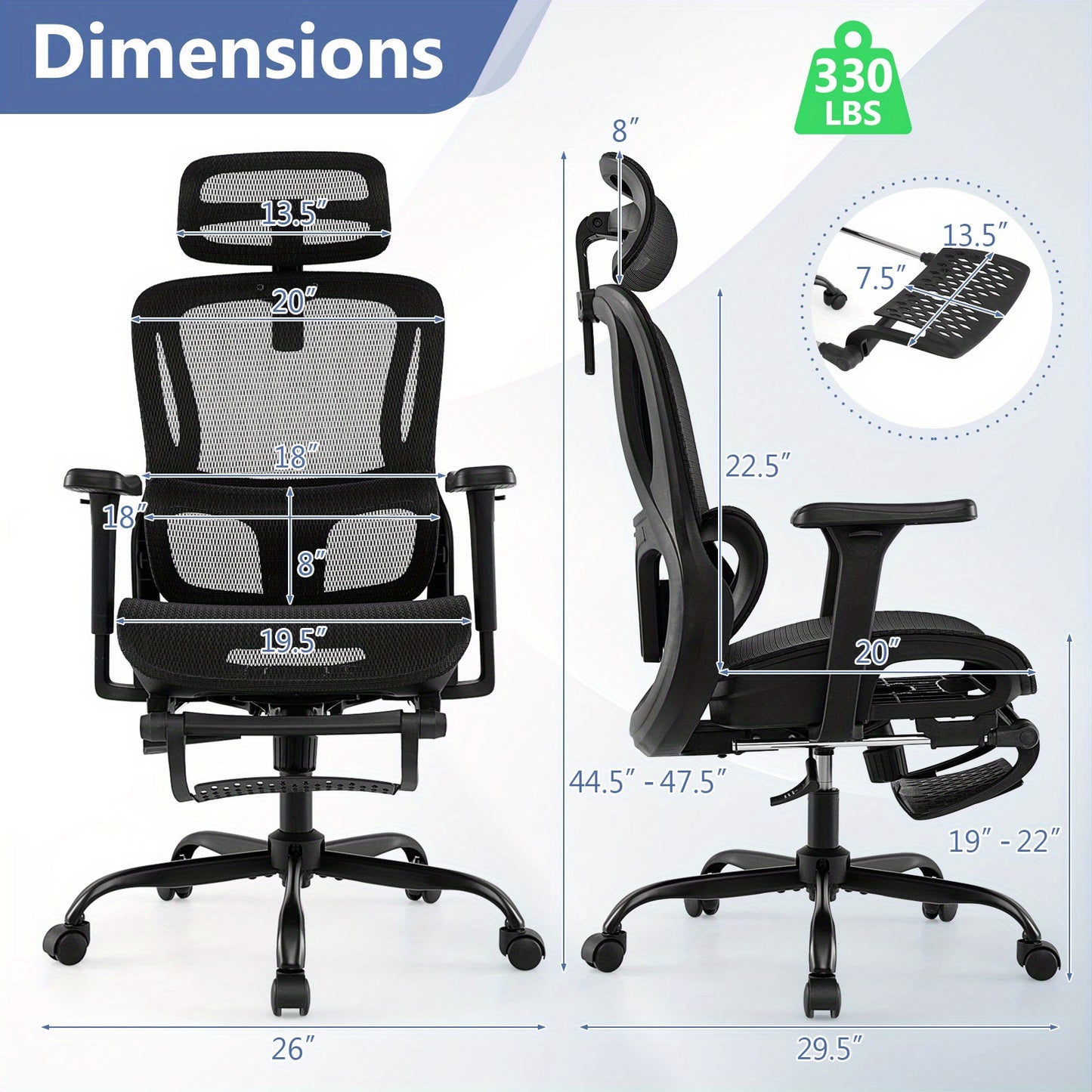 Ergonomische Bureaustoel – Bureaustoel Home Office – Werkstoel – Kantoormeubilair – Draaistoel – Verstelbare Hoofdsteun – Ademend Mesh Rugleuning – Zwart