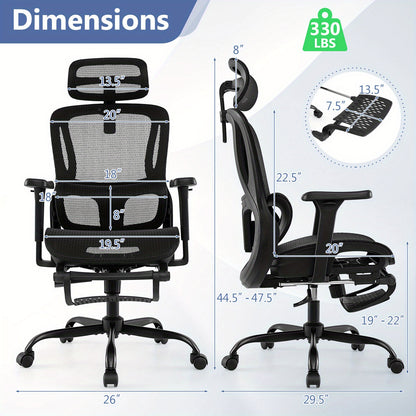 Ergonomische Bureaustoel – Bureaustoel Home Office – Werkstoel – Kantoormeubilair – Draaistoel – Verstelbare Hoofdsteun – Ademend Mesh Rugleuning – Zwart