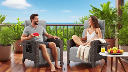 Rattan Loungestoel Set – Tuinstoel – Balkonstoel – Ligstoel – Relaxstoel – Verstelbare Rugleuning – Inklapbare Bijzettafel – Memory Foam Kussens – Metalen Frame – Inclusief Beschermhoes – Grijs – Set Van 2