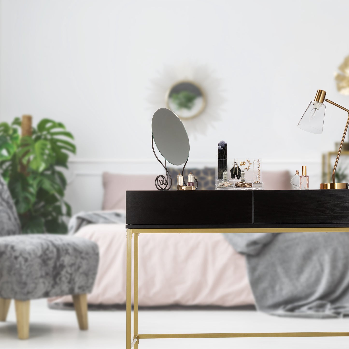 Sidetafel – Bijzettafel – Wandtafel – Haltafel – Consoletafel – Gouden Metalen Frame – Zwart Houten Blad – 2 Lades – Compact 80x110x40 cm
