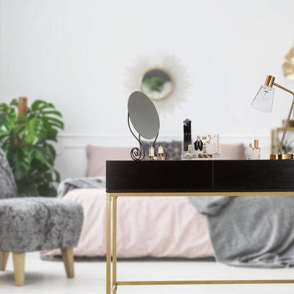 Sidetafel – Bijzettafel – Wandtafel – Haltafel – Consoletafel – Gouden Metalen Frame – Zwart Houten Blad – 2 Lades – Compact 80x110x40 cm