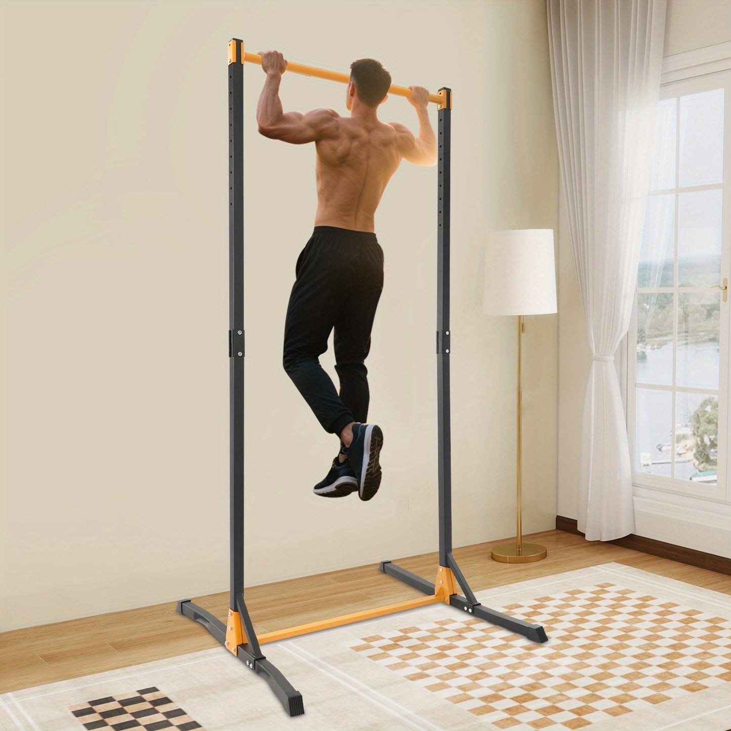 Pull-Up Station – Rekstok – Optrekstang – Fitnessstation – Trainingsrek – Zwart+Geel – Verstelbare Hoogte Tot 215 cm – Duurzaam Koolstofstaal
