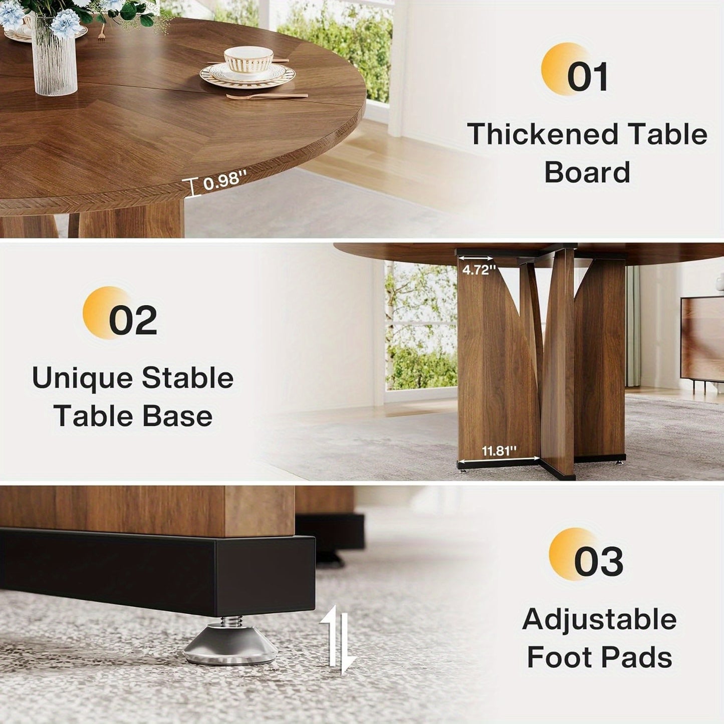 Ronde Tafel – Eettafel – Werktafel – Bijzettafel – Keukentafel – Rustiek Bruin – Gehard Houten Blad 2,5 cm – Ruimtebesparend Ontwerp