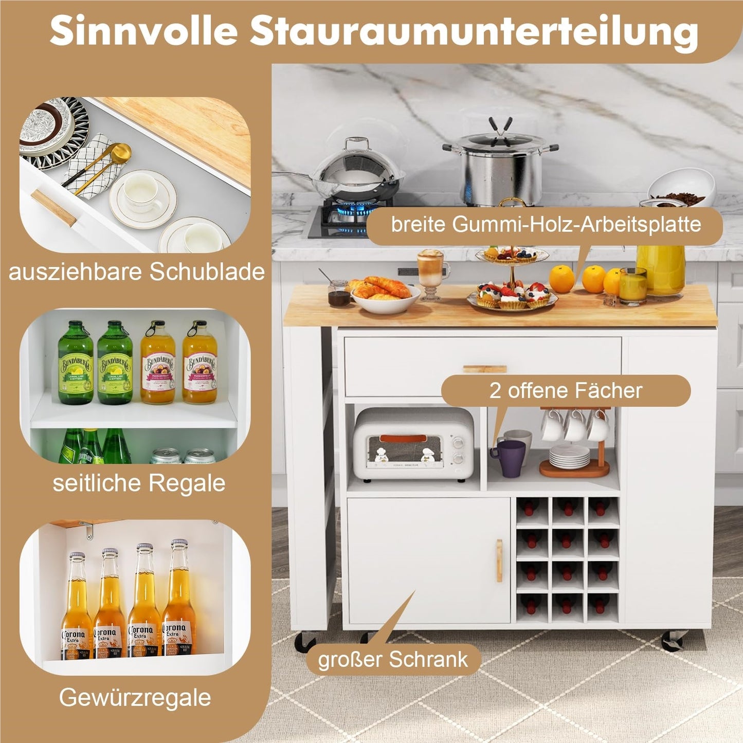 Keukentrolley – Keukenwagen – Keukenkar – Serveerwagen – Keukenmeubel – Wit – 2-in-1 Draaibaar Werkblad – Verstelbare Plank & Veel Opbergruimte
