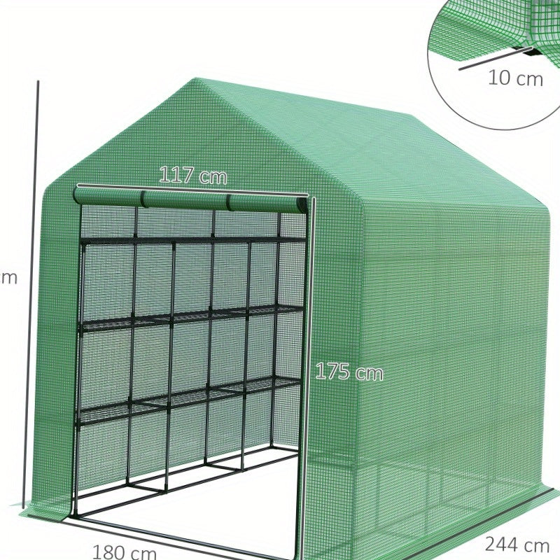 Walk-in Kas – Kweekkas – Serre – Plantenkas – Groentekas – 8 Niveaus – Stalen Frame – UV-bestendige Transparante Hoes – Groen
