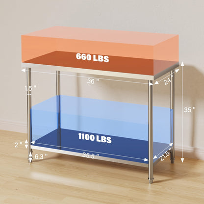 Heavy-Duty Commercial/Residential Stainless Steel Table 91.44cm x 60.96cm 2-Tier Prep Work Table with Adjustable Undershelf & Pre-Assembled Feet - Easy Assembly Large Service Table for Restaurant, Kitchen, Home, Garage - Dura