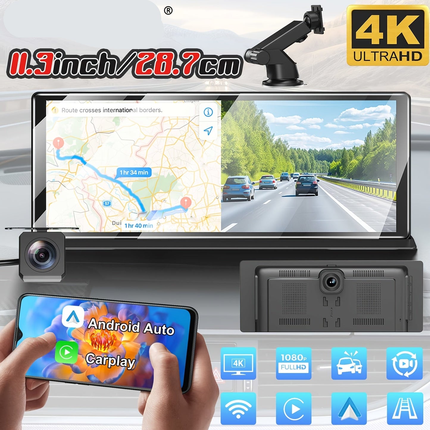 Autoradio – Auto Stereo – Multimedia Speler – Navigatie Systeem – Touchscreen Radio – Draadloze CarPlay & Android Auto – 28,7 cm IPS Scherm – 4K Frontcamera & 1080P Achteruitrijcamera
