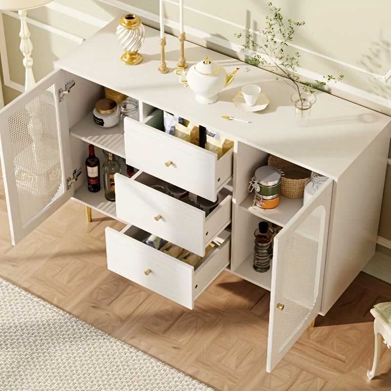 Dressoir – Sideboard – Opbergkast – Ladekast – Kast – Wit – MDF & Rattan – Multifunctionele Meubelset