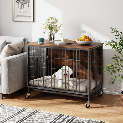 Hondenbench – Hondenkennel – Hondenkooi – Hondenkooi Binnen – Hondenhok – Groot formaat – IJzeren constructie – Dubbele deuren – Verrijdbaar met 4 wielen – Afneembare tray – Bruin meubeldesign