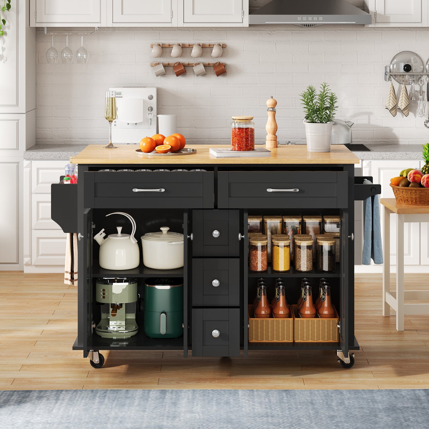 Keukenwagen – Servierwagen – Werktafel – Kantoorwagen – Opbergwagen – Uitklapbaar Werkblad 120×65 cm – 5 Lades & 2 Kasten