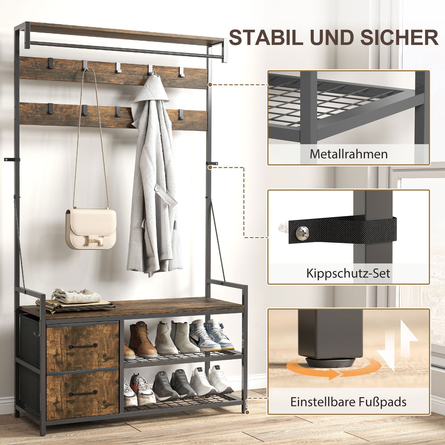 6-in-1 Coat Rack with Shoe Shelf, Industrial Style, 10 Hooks, 2 Fabric Drawers, Metal, Brown