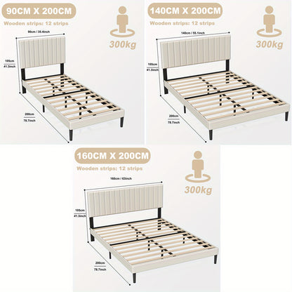 Bedframe – Gestoffeerd Bed – Slaapkamerbed – Platformbed – Fluwelen Bed – Beige Fluwelen Bekleding – Houten Lattenbodem – 90x200 cm