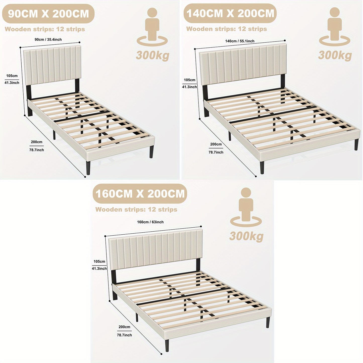 Bedframe – Bedbodem – Ledikant – Boxspring – Slaapbank – Gestoffeerd Beige Fluweel – 140x200 cm – Houten Lattenbodem – Modern Design