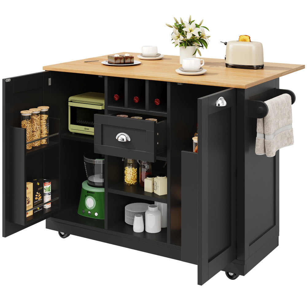 Kitchen Island – Sideboard – Buffetwagen – Keukentrolley – Serveerwagen – Zwart – Met Wijnrek – 4 Zwenkwieltjes