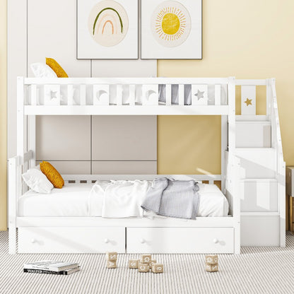 Hoogslaper – Stapelbed – Kinderbed – Mezzaninebed – Halfhoogslaper – Stabiele Trap – 2 Grote Lade Opbergruimtes – 90x200 & 140x200 cm – Wit Modern Design