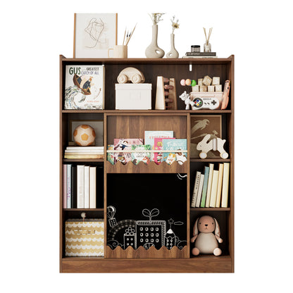Boekenkast – Boekenrek – Opbergkast – Stellingkast – Vakkenkast – Metalen Boekenkast Retro Bruin – Krijtbord Schuifdeuren – 100 kg Draagkracht – 9 Vakken – Kant-en-klaar – Smal Verticaal Design