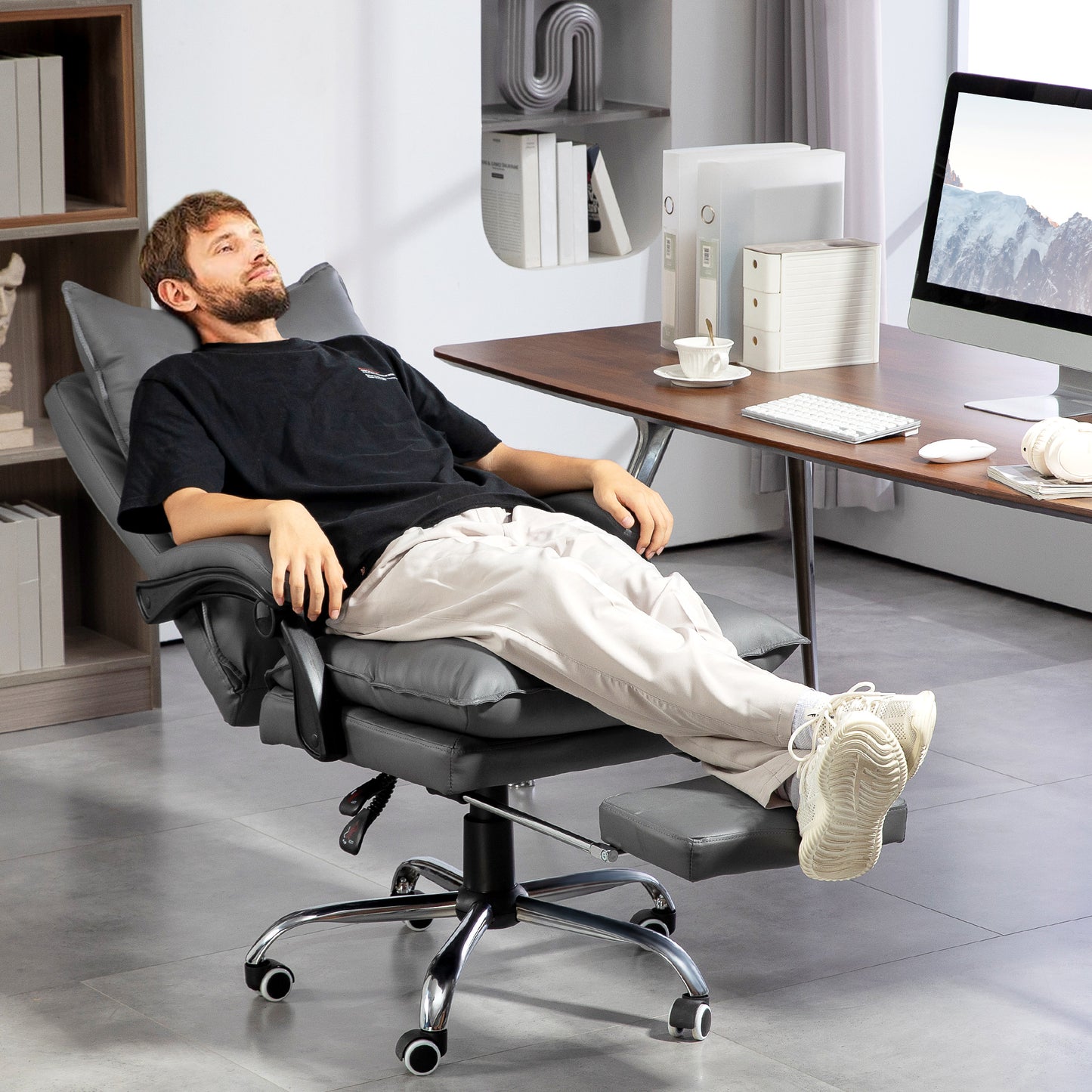 Ergonomische Bureaustoel – Bureaustoel – Werkstoel – Kantoorstoel – PC Stoel – Verstelbare Zithoogte 55-63 cm – Kunstleren Bekleding Donkergrijs
