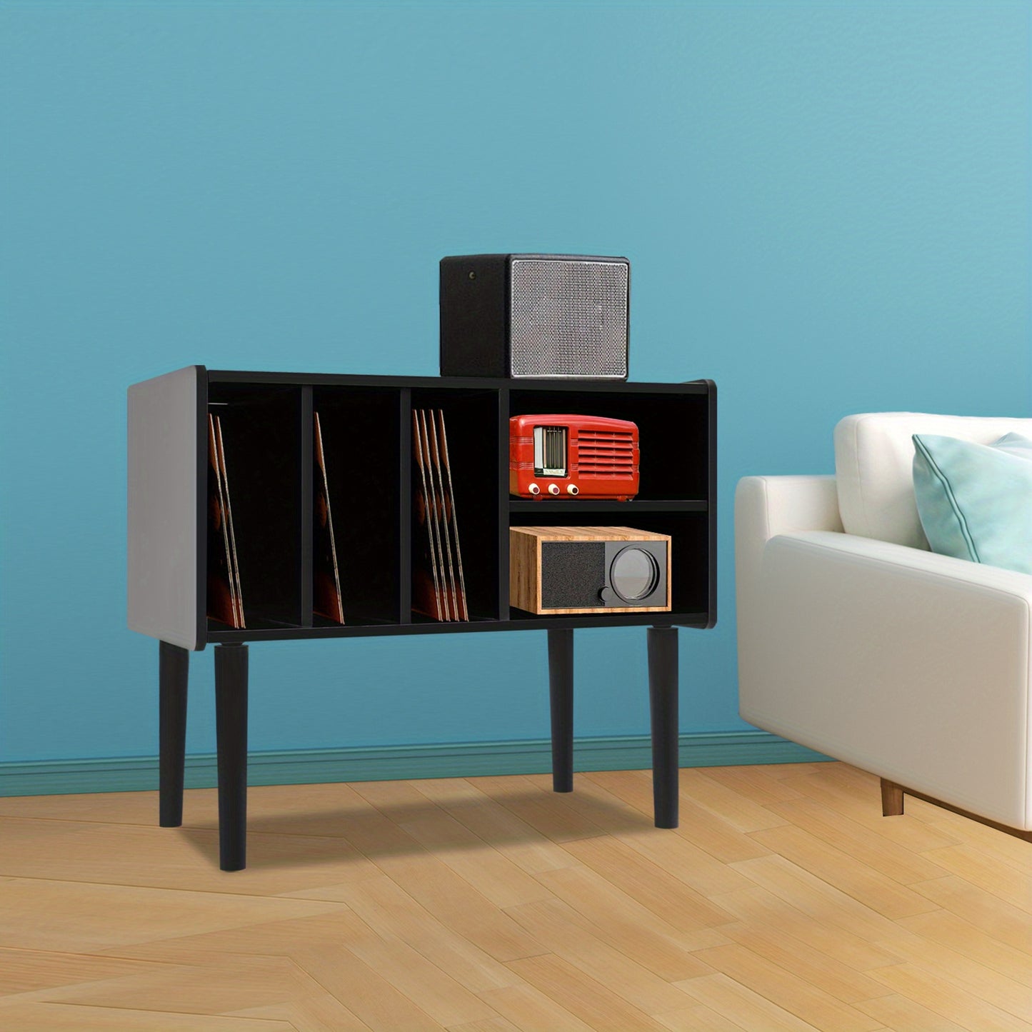 Modern Black Vinyl Record Player Stand with Storage Cabinet - Heavy-Duty MDF & Iron Construction, 80.01cm x 68.07cm x 39.88cm Turntable Stand with 4-Tier Shelves, Holds 220 Vinyl Records, Space-Saving Design for Living Room,