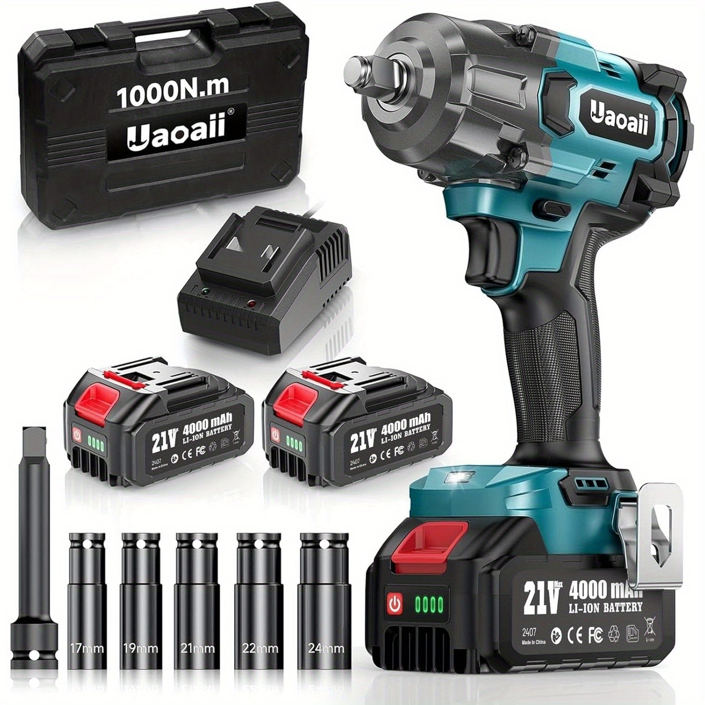 Draadloze Slagmoersleutel – Slagschroevendraaier – Impact Wrench – Elektrische Moersleutel – Accu Slagmoersleutel – 1000 Nm Koppel – 4000 mAh Accu – Brushless Motor