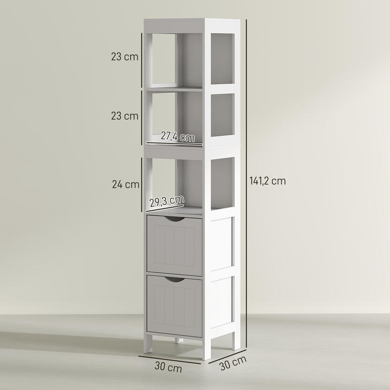 Compact MDF Freestanding Bathroom Shelf with 2 Drawers & 3 Open Shelves - Space-Saving Modern Bathroom Cabinet with Black Knobs, Moisture-Resistant Storage Organizer for Small Bathrooms, No Installation Required, Sturdy MDF C