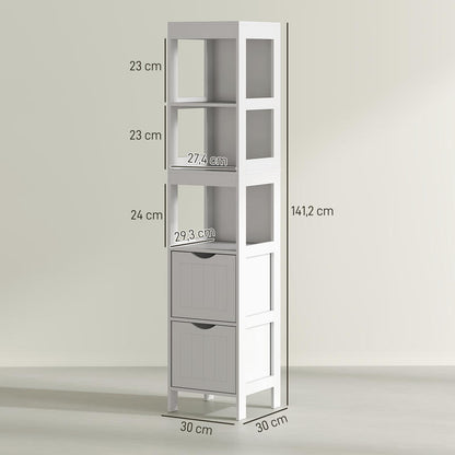 Compact MDF Freestanding Bathroom Shelf with 2 Drawers & 3 Open Shelves - Space-Saving Modern Bathroom Cabinet with Black Knobs, Moisture-Resistant Storage Organizer for Small Bathrooms, No Installation Required, Sturdy MDF C