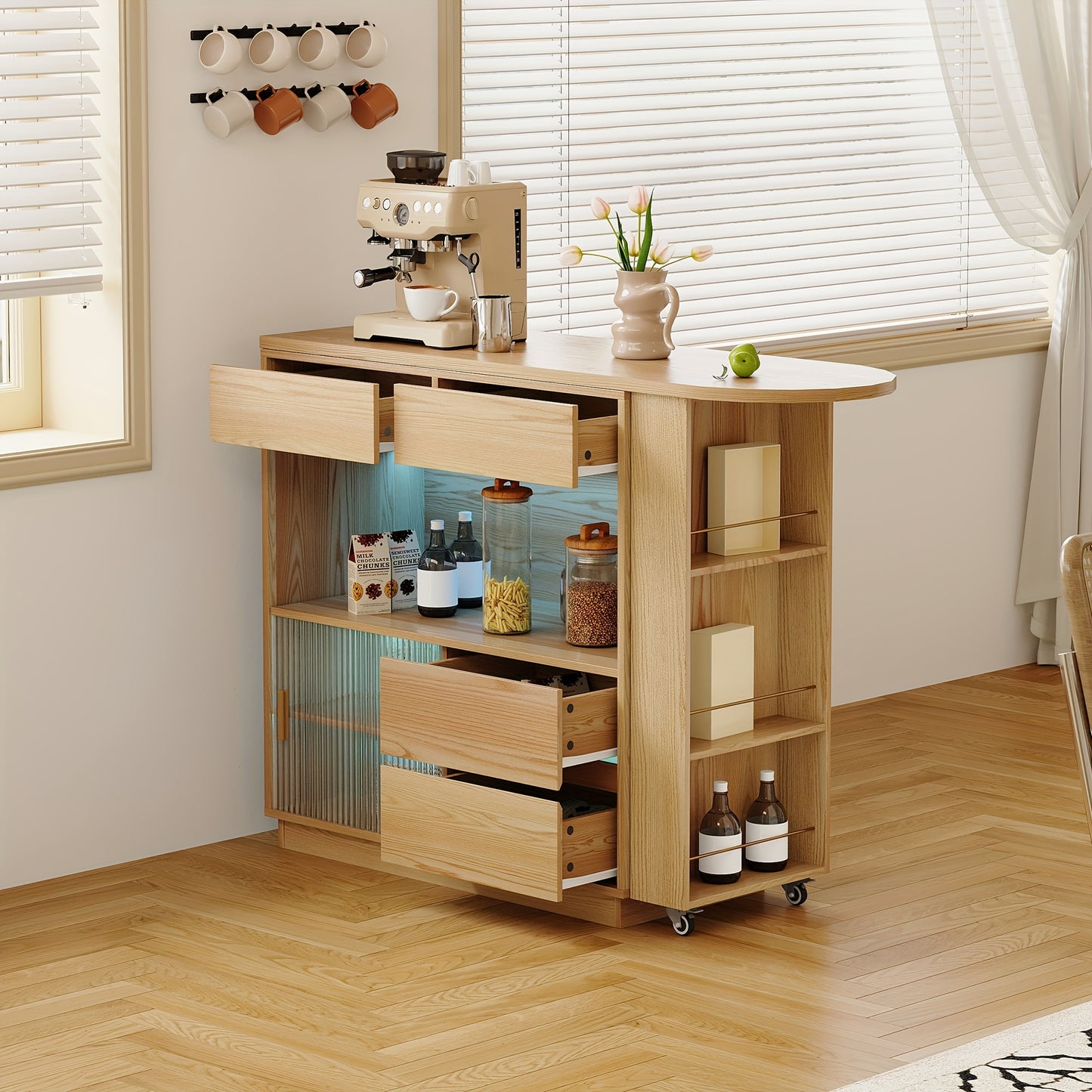 Bureau – Hoekbureau – Computertafel – Werktafel – Bureautafel – L-Vormig – Natuurlijke Houtkleur – Hardhouten MDF Constructie – Draaibaar Werkoppervlak – Opbergrekken