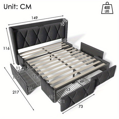 Bedframe 140x200 – Tweepersoonsbed – Opbergbed – Gestoffeerd Bed – Lattenbodem – Grijs – Met Opberglades en Hoofdeinde – Inclusief Matras en Houten Latten