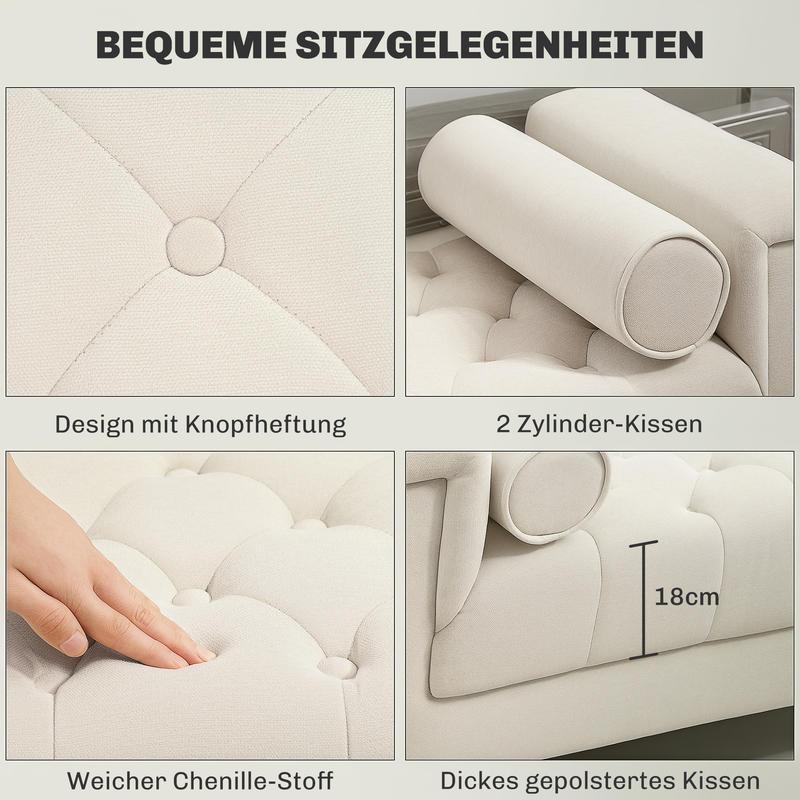 Gestoffeerde Bank – Zitbank – Opbergbank – Bankje – Padded Bench – Vintage Design – Chenille Bekleding – 115x44x58 cm – Inclusief 2 Kussens – Opbergruimte