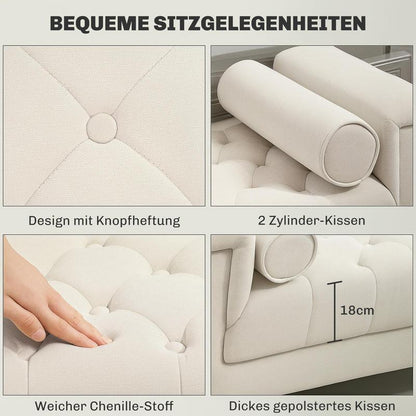 Gestoffeerde Bank – Zitbank – Opbergbank – Bankje – Padded Bench – Vintage Design – Chenille Bekleding – 115x44x58 cm – Inclusief 2 Kussens – Opbergruimte