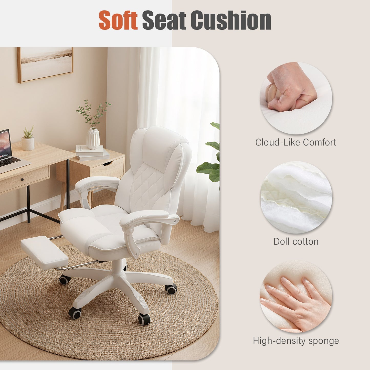 Ergonomische Bureaustoel – Bureaustoel Met Voetensteun – Kantoorstoel – Draaistoel – Gamingstoel – Memory Foam Zitting – Verstelbare Kantelbare Rugleuning – Wit