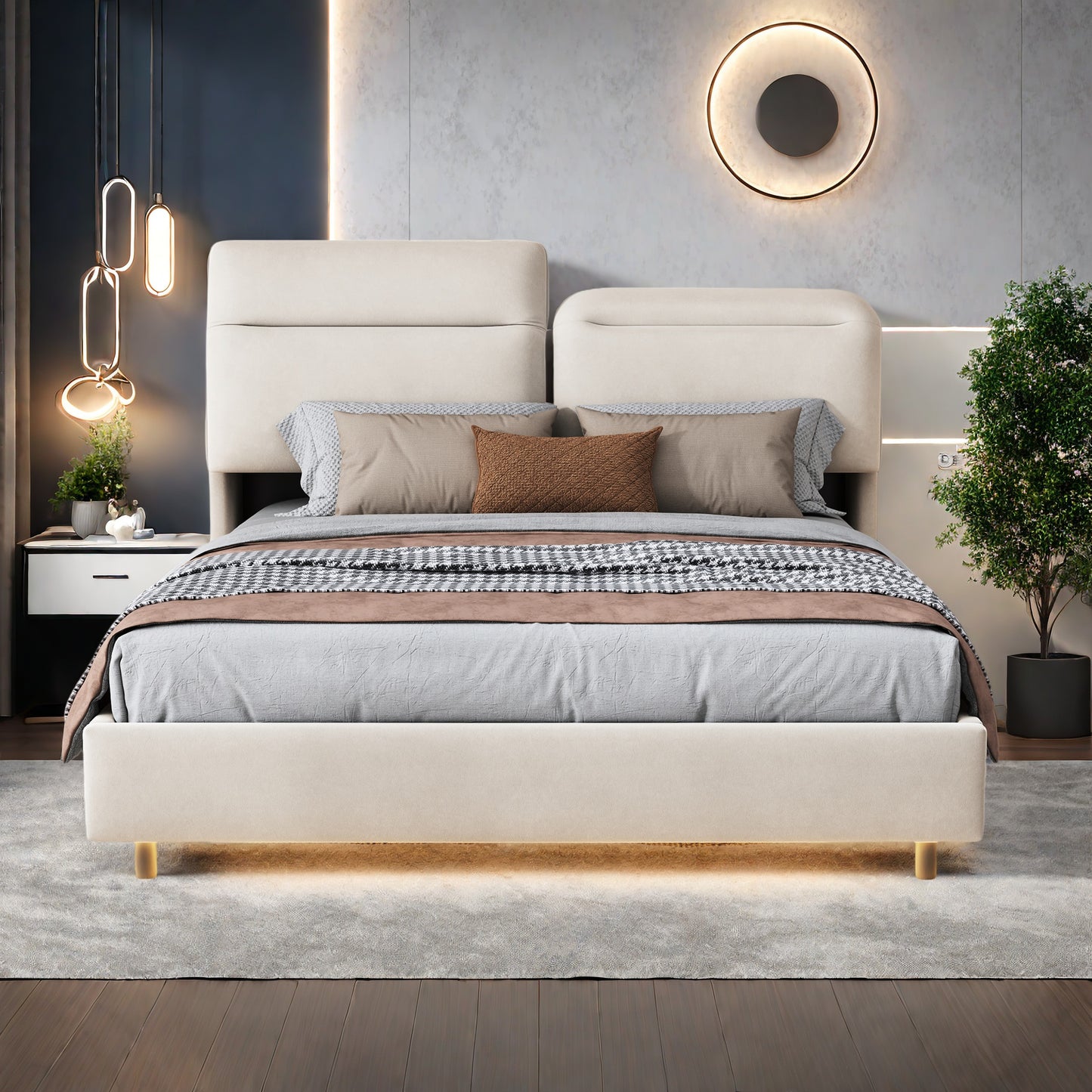 Tweepersoonsbed – Bed – Slaapbank – Opbergbed – Boxspring – 160x200 cm – Fluwelen Hoofdbord – Ingebouwde LED-Verlichting en USB Oplaadpoorten