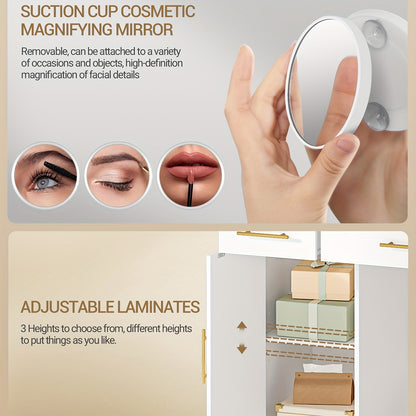 Dressing Table With HD Large Mirror, 3 Color Adjustable LED Lights, 5 Drawers And 2 Storage Cabinets, Open Storage, Bedroom, 40 X 108 X 149 Cm, White