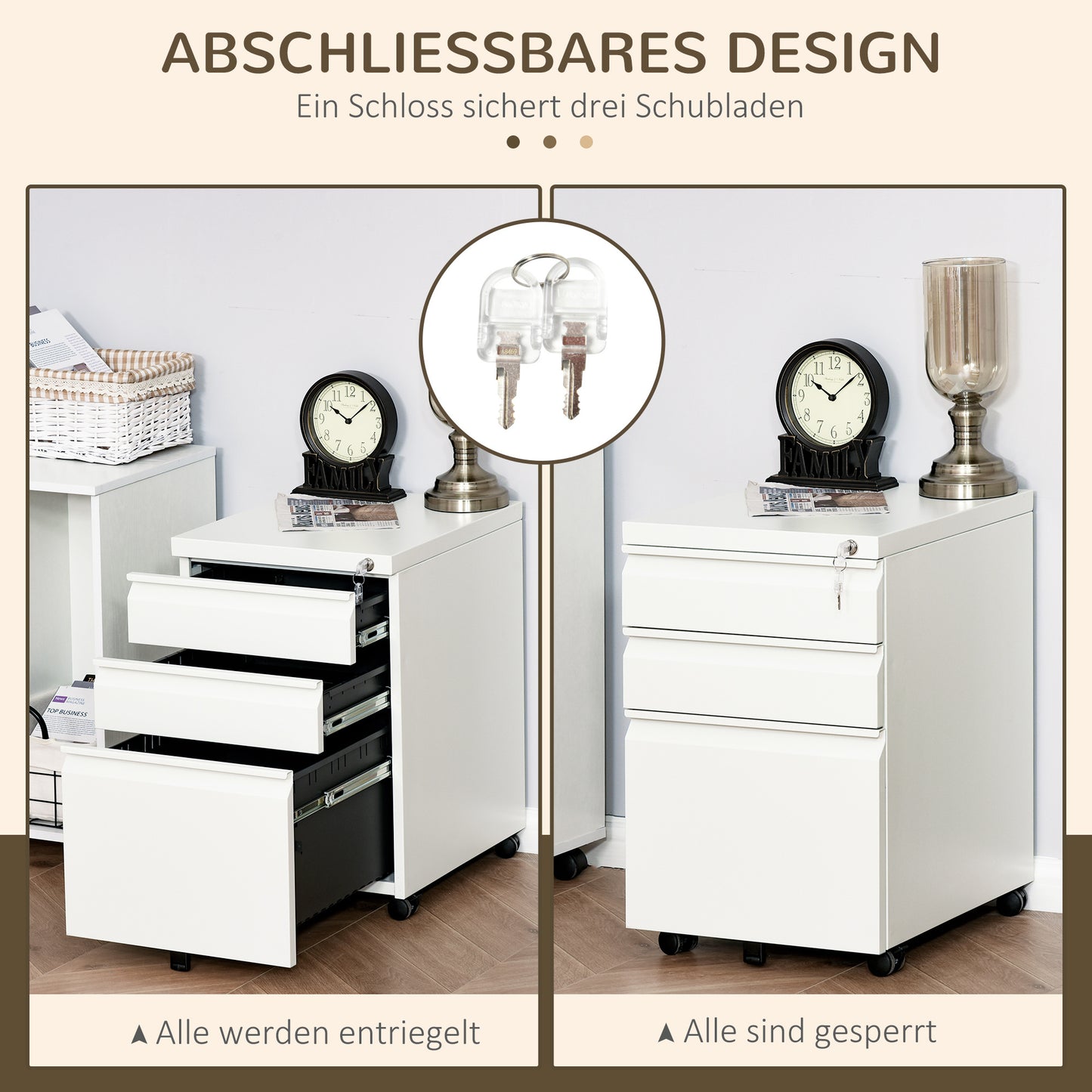 Rollcontainer – Bureaukast – Ladeblok – Kantoorcontainer – Archiefkast – Met 3 Lades – Wit Staal – Lockable – Met Wieltjes – 39x48x60 cm